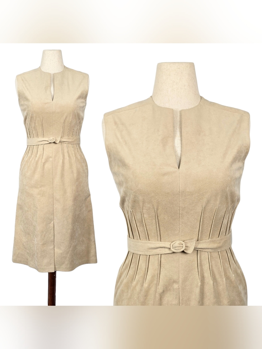 1980s Vintage Ultra Suede Dress Belt Beige Tan 80s Sleeveless Midi Small Medium